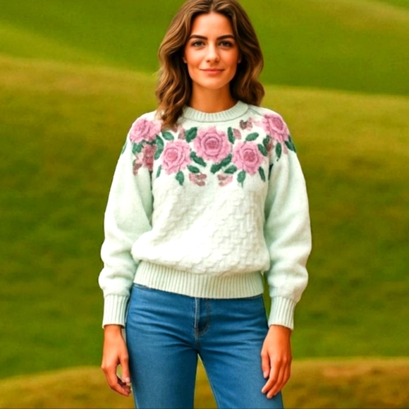 Hand Knit Cable Chunky Cream Floral Fairisle Embroidered Sweater - Picture 1 of 8